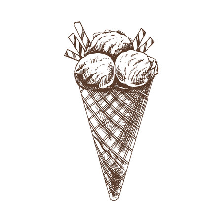 A hand-drawn sketch of a waffle cone with ice cream. vintage illustration. Element for the design of labels, packaging and postcards.のイラスト素材