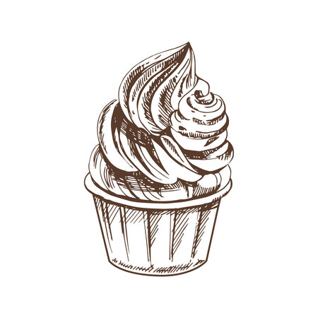 A hand-drawn sketch of frozen yogurt or soft ice cream, cupcake in a cup. vintage illustration. Element for the design of labels, packaging and postcards.のイラスト素材