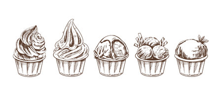 A hand-drawn sketch of ice cream balls, frozen yoghurt or cupcakes in cups. set. vintage illustration. Element for the design of labels, packaging and postcards.のイラスト素材