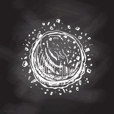 Hand-drawn sketch of ice cream scoop with flakes of dark chocolate isolated on chalkboard background, white drawing. Vector vintage engraved illustration.のイラスト素材