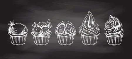Hand-drawn sketch of ice cream balls, frozen yoghurt or cupcakes in cups isolated on chalkboard background, white drawing. set. Vector vintage engraved illustration.のイラスト素材