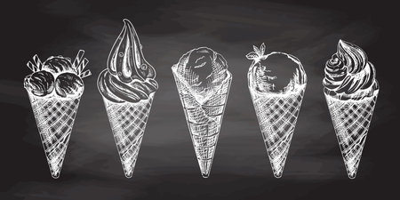 Hand-drawn sketch of waffle cones with ice cream or frozen yoghurt isolated on chalkboard background, white drawing. Vector vintage engraved illustration.のイラスト素材