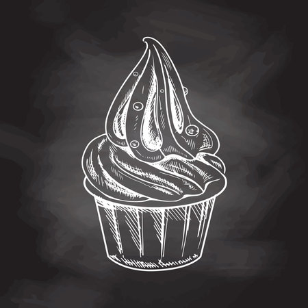 Hand-drawn sketch of frozen yogurt or soft ice cream in a cup isolated on chalkboard background, white drawing. Vector vintage engraved illustration.のイラスト素材