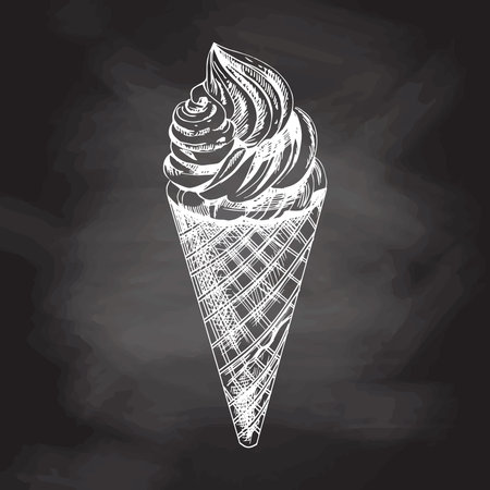 Hand-drawn sketch of a waffle cone with frozen yogurt or soft ice cream isolated on chalkboard background, white drawing. Vector vintage engraved illustration.のイラスト素材