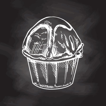 Hand-drawn sketch of an ice cream, cupcake with chocolate sauce in a cup isolated on chalkboard background, white drawing. Vector vintage engraved illustration.のイラスト素材