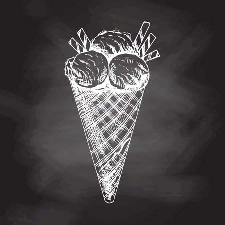 Hand-drawn sketch of a waffle cone with ice cream isolated on chalkboard background, white drawing. Vector vintage engraved illustration.のイラスト素材