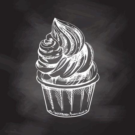 Hand-drawn sketch of frozen yogurt or soft ice cream, cupcake in a cup isolated on chalkboard background, white drawing. Vector vintage engraved illustration.のイラスト素材