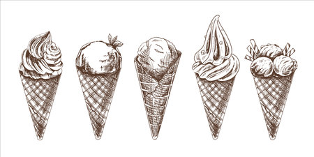 A hand-drawn sketch of a waffle cones with ice cream or frozen yoghurt. vintage illustration. Element for the design of labels, packaging and postcards.のイラスト素材