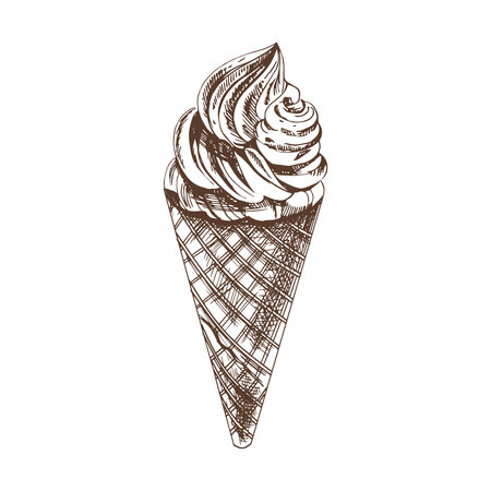 A hand-drawn sketch of a waffle cone with frozen yogurt or soft ice cream. vintage illustration. Element for the design of labels, packaging and postcards.のイラスト素材