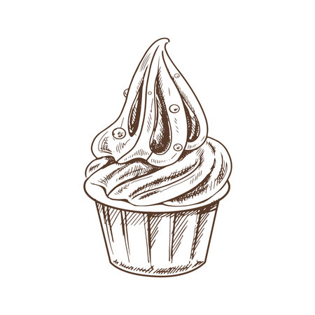A hand-drawn sketch of frozen yogurt or soft ice cream in a cup. vintage illustration. Element for the design of labels, packaging and postcards.のイラスト素材