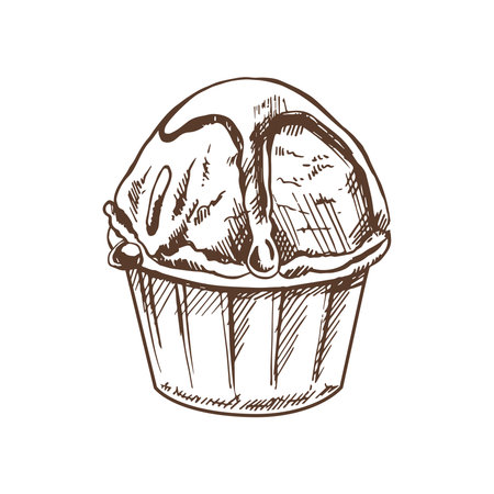 A hand-drawn sketch of an ice cream, cupcake with chocolate sauce in a cup. vintage illustration. Element for the design of labels, packaging and postcards.のイラスト素材