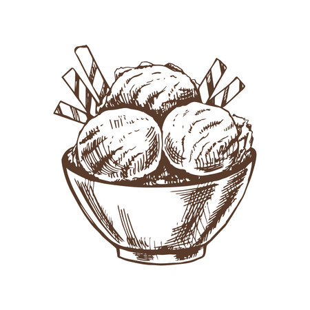 A hand-drawn sketch of an ice cream ball in a bowl. vintage illustration. Element for the design of labels, packaging and postcards.のイラスト素材