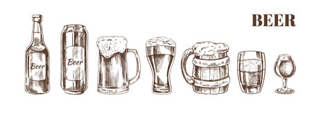 Hand-drawn sketch of beer can, beer bottle, beer glasses and beer glass and wooden mugs isolated on white background. Vector vintage engraved illustrationのイラスト素材