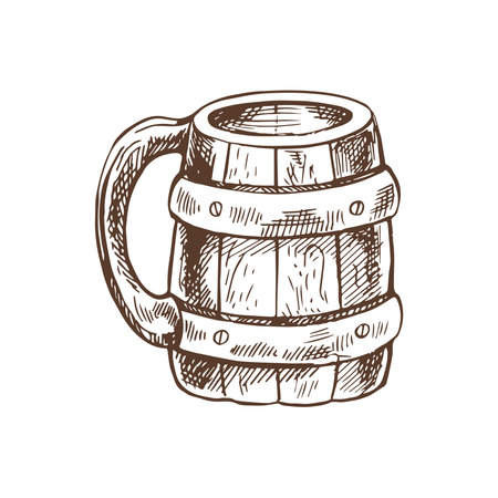 Hand-drawn sketch of beer wooden mug isolated on white background. Vector vintage engraved illustration.のイラスト素材