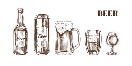 Hand-drawn sketch of beer can, beer bottle, beer glasses and beer mug isolated on white background. Vector vintage engraved illustrationのイラスト素材
