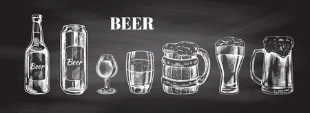 Hand-drawn sketch of beer can, beer bottle, beer glasses and beer glass and wooden mugs isolated on chalkboard background, white drawing. set. Vector vintage engraved illustration.のイラスト素材