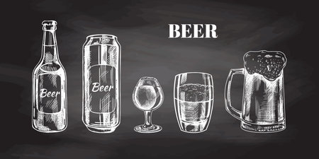 Hand-drawn sketch of beer can, beer bottle, beer glasses and beer mug isolated on chalkboard background, white drawing. set. Vector vintage engraved illustration.のイラスト素材