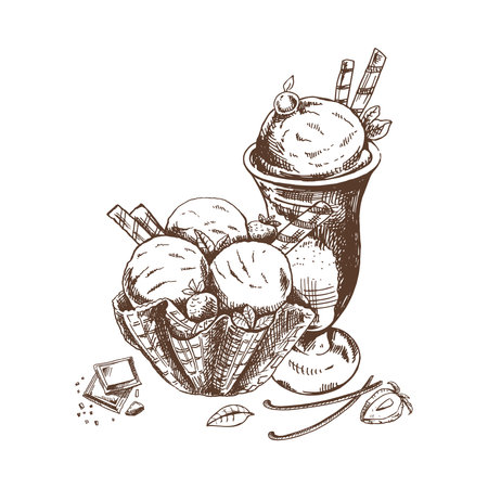 A hand-drawn sketch of ice cream balls in a waffle basket and ice cream in a cup.Vintage illustration. Element for the design of labels, packaging and postcards.のイラスト素材
