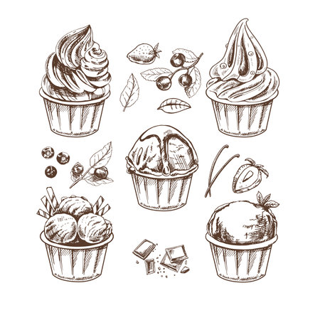 A hand-drawn sketch of ice cream balls, frozen yoghurt or cupcakes in cups. Blueberries, strawberries, vanilla pods, chocolate. set. vintage illustration. Element for the design of labels, packaging and postcards.のイラスト素材