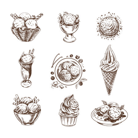 A hand-drawn sketch of ice cream or frozen yoghurt in cups and cones. vintage illustration. set. Element for the design of labels, packaging and postcards.のイラスト素材