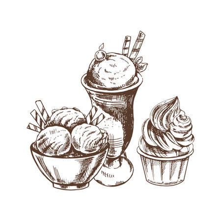 A hand-drawn sketch of ice cream balls in a cup, froze yoghurt. vintage illustration. Element for the design of labels, packaging and postcards.のイラスト素材