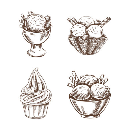 A hand-drawn sketch of ice cream or frozen yoghurt in cups. vintage illustration. set. Element for the design of labels, packaging and postcards.のイラスト素材
