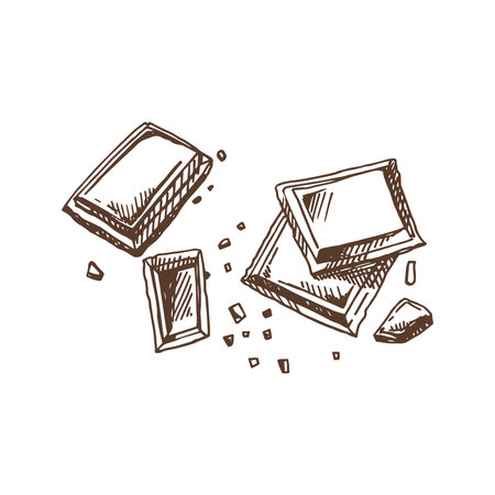 A hand-drawn sketch of pieces of chocolate bars. vintage illustration. Element for the design of labels, packaging and postcards.のイラスト素材