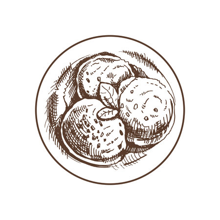 A hand-drawn sketch of an ice cream ball in a plate. top view. vintage illustration. Element for the design of labels, packaging and postcards.のイラスト素材