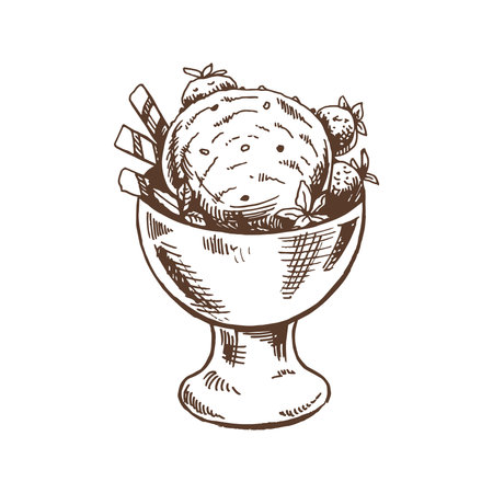 A hand-drawn sketch of ice cream balls in a cup, strawberry. vintage illustration. Element for the design of labels, packaging and postcards.のイラスト素材