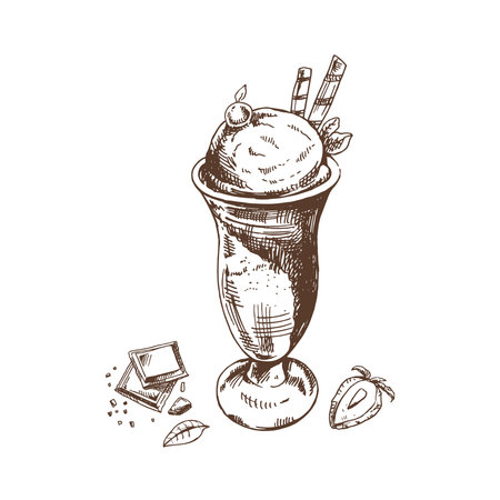 A hand-drawn sketch of ice cream balls in a cup, pieces of chocolate, strawberry. vintage illustration. Element for the design of labels, packaging and postcards.のイラスト素材