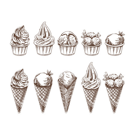 A hand-drawn sketch of a waffle cones and ice cream balls, frozen yoghurt or cupcakes in cups. vintage illustration. set. Element for the design of labels, packaging and postcards.のイラスト素材
