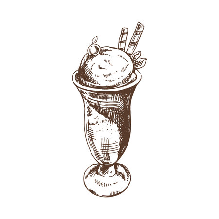 A hand-drawn sketch of ice cream balls in a cup. vintage illustration. Element for the design of labels, packaging and postcards.のイラスト素材