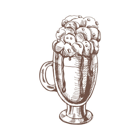A hand-drawn sketch of hot chocolate with whipped cream. Vintage illustration, doodle. Element for the design of labels, packaging and postcards.のイラスト素材