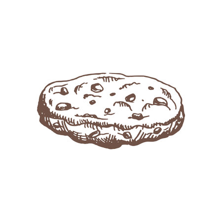 A hand-drawn sketch of homemade cookies with chocolate chips. Vintage illustration, doodle. Element for the design of labels, packaging and postcards.のイラスト素材