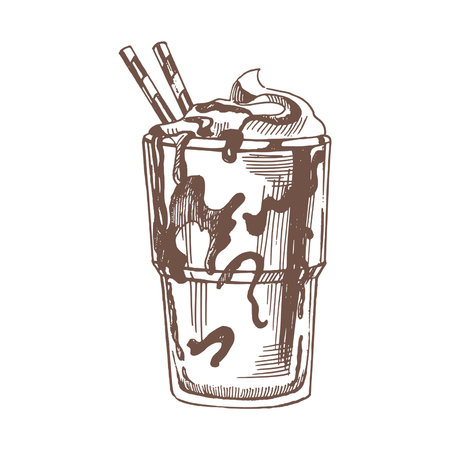 A hand-drawn sketch of glass of chocolate milkshake. Vintage, doodle illustration. Element for the design of labels, packaging and postcards.のイラスト素材