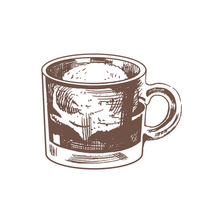 A hand-drawn sketch of affogato coffee with ice cream on a glass cup. Vintage illustration, doodle. Element for the design of labels, packaging and postcards.のイラスト素材