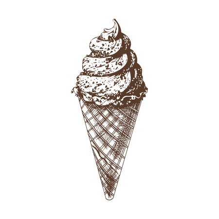 A hand-drawn sketch of a waffle cone with frozen yogurt or soft ice cream. vintage illustration. Element for the design of labels, packaging and postcards.のイラスト素材