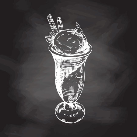 A hand-drawn sketch of ice cream balls in a cup isolated on chalkboard background. vintage illustration. Element for the design of labels, packaging and postcards.のイラスト素材
