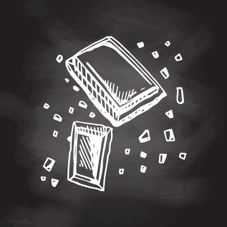 A hand-drawn sketch of pieces of chocolate bar isolated on chalkboard background. vintage illustration. Element for the design of labels, packaging and postcards.のイラスト素材
