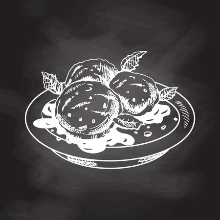 A hand-drawn sketch of an ice cream balls in a plate with chocolate sauce isolated on chalkboard background. vintage illustration. Element for the design of labels, packaging and postcards.のイラスト素材