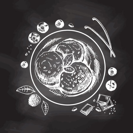 A hand-drawn sketch of an ice cream balls in a plate with chocolate, berries, vanilla pods isolated on chalkboard background. top view. vintage illustration. Element for the design of labels, packaging and postcards.のイラスト素材