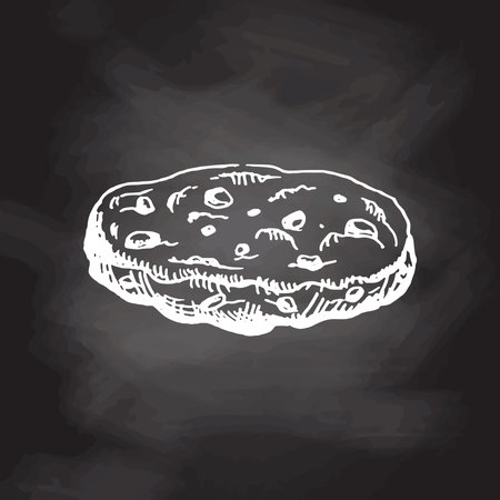 A hand-drawn sketch of homemade cookies with chocolate chips isolated on chalkboard background. Vintage illustration, doodle. Element for the design of labels, packaging and postcards.のイラスト素材