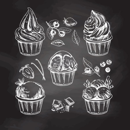 A hand-drawn sketch of ice cream balls, frozen yoghurt or cupcakes in cups isolated on chalkboard background. Blueberries, strawberries, vanilla pods, chocolate. set. vintage illustration.のイラスト素材
