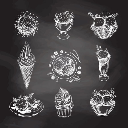 A hand-drawn sketch of ice cream or frozen yoghurt in cups and cones isolated on chalkboard background. vintage illustration. set. Element for the design of labels, packaging and postcards.のイラスト素材