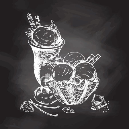 A hand-drawn sketch of ice cream balls in a waffle basket and ice cream in a cup isolated on chalkboard background. vintage illustration. Element for the design of labels, packaging and postcards.のイラスト素材