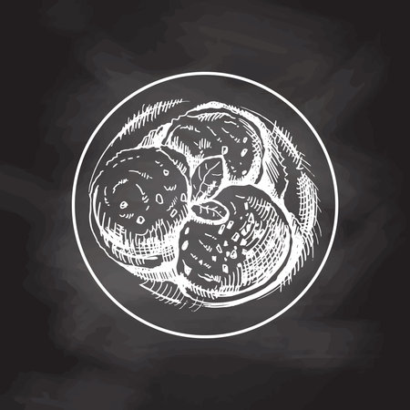A hand-drawn sketch of an ice cream balls in a plate isolated on chalkboard background. top view. vintage illustration. Element for the design of labels, packaging and postcards.のイラスト素材
