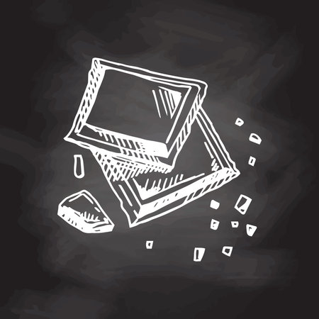 A hand-drawn sketch of pieces of chocolate bar isolated on chalkboard background. vintage illustration. Element for the design of labels, packaging and postcards.のイラスト素材