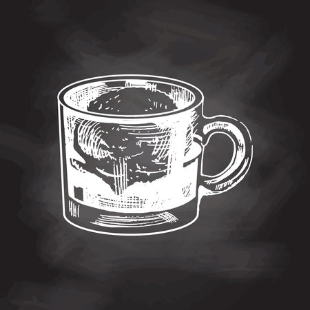A hand-drawn sketch of affogato coffee with ice cream on a glass cup isolated on chalkboard background. Vintage illustration, doodle. Element for the design of labels, packaging and postcards.のイラスト素材