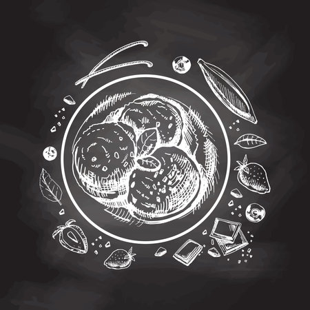 A hand-drawn sketch of an ice cream balls in a plate with chocolate, fruits, berries, vanilla pods isolated on chalkboard background. top view. vintage illustration. Element for the design of labels, packaging and postcards.のイラスト素材