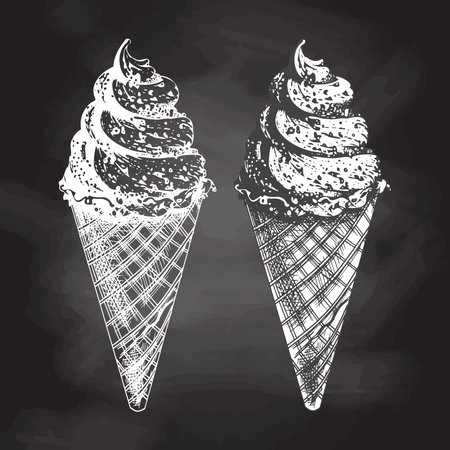 Hand-drawn sketch of a waffle cone with frozen yogurt or soft ice cream isolated on chalkboard background, white drawing. Vector vintage engraved illustrationのイラスト素材